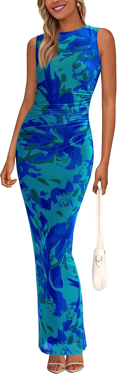 Floral mesh maxi dress with sleeveless design and ruched bodycon detailing