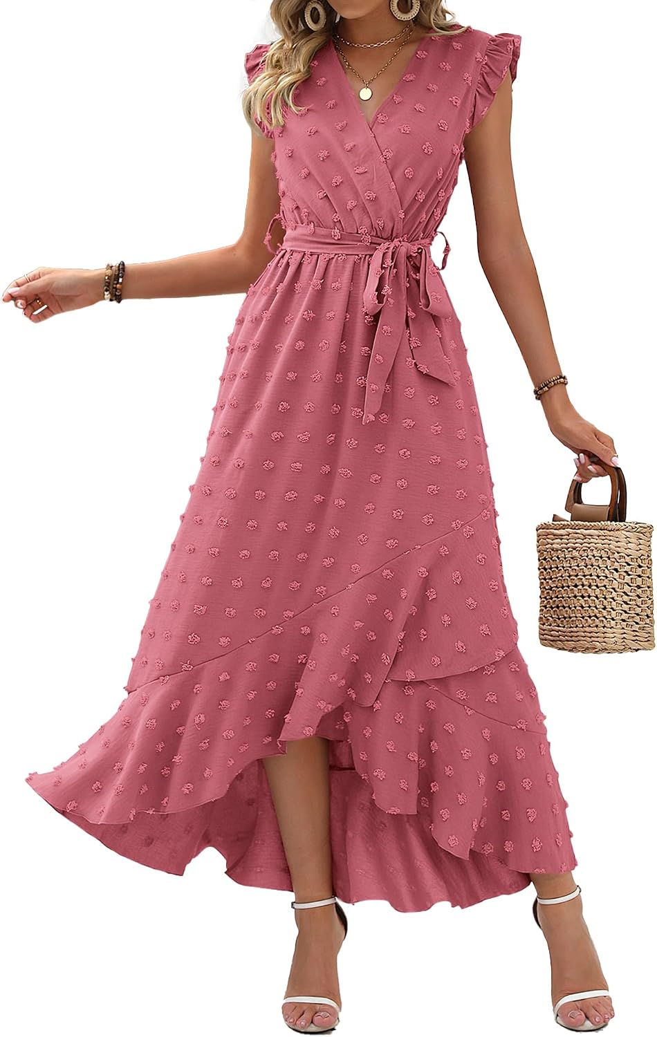 Swiss dot boho maxi dress with cap sleeves and tie waist