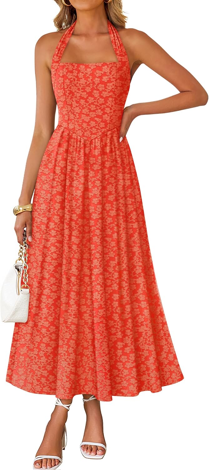 Floral halter maxi dress with flowy A-line skirt