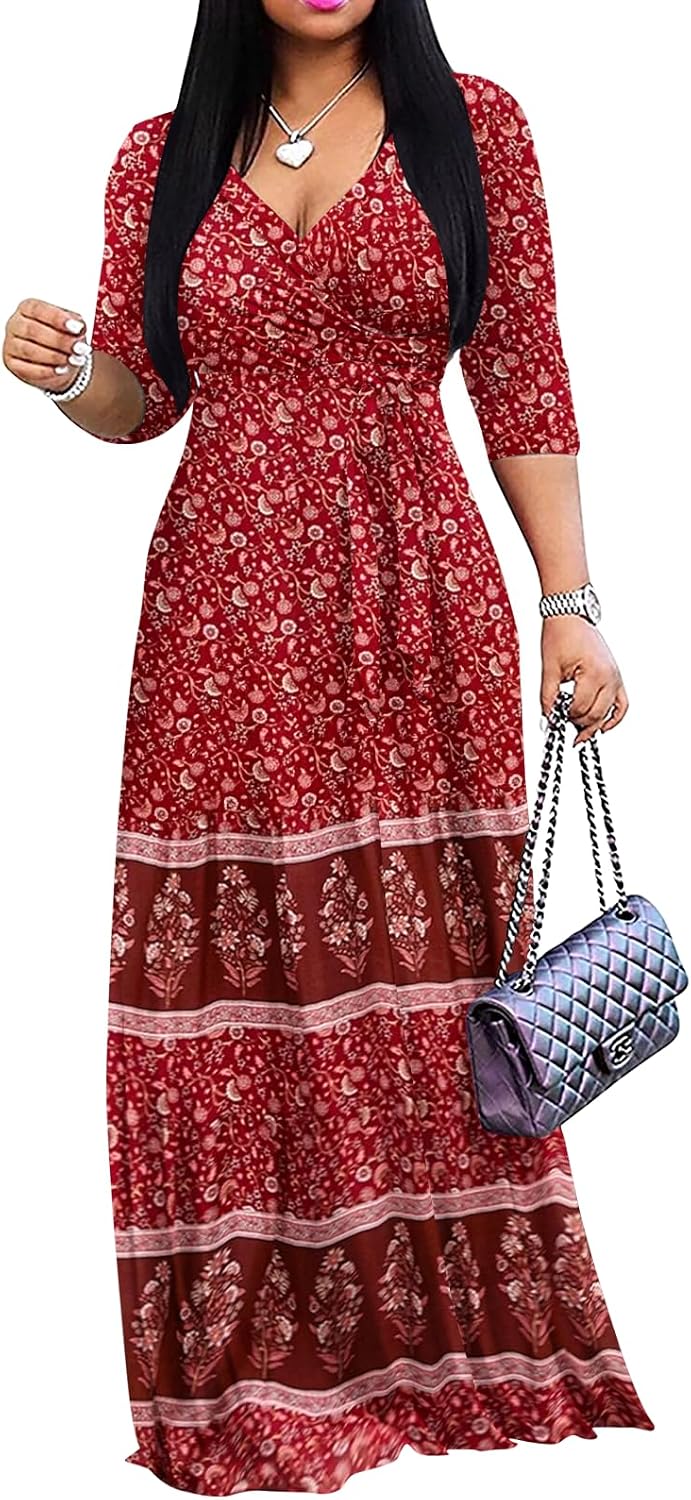Wrap-style maxi dress with V-neck, 3/4 sleeves, and side pockets
