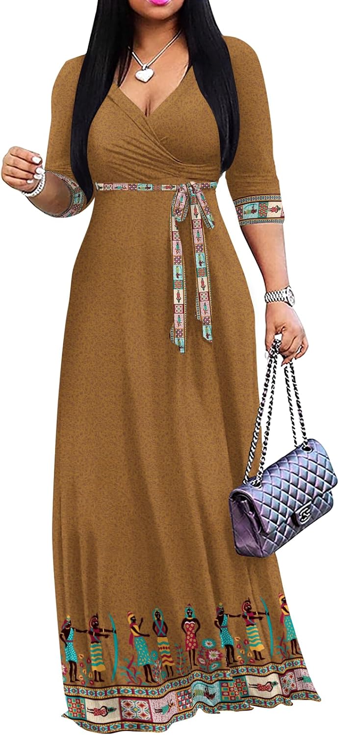 Wrap-style maxi dress with V-neck, 3/4 sleeves, and side pockets