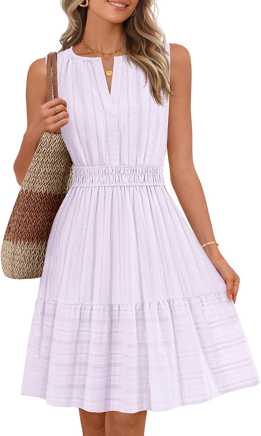Sleeveless V-neck mini sundress with ruffle hem and elastic waist