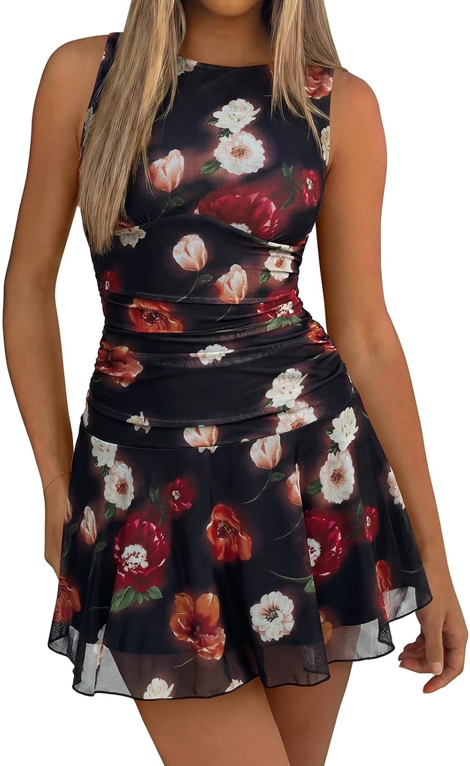 Mesh mini dress with boat neck and drop waist