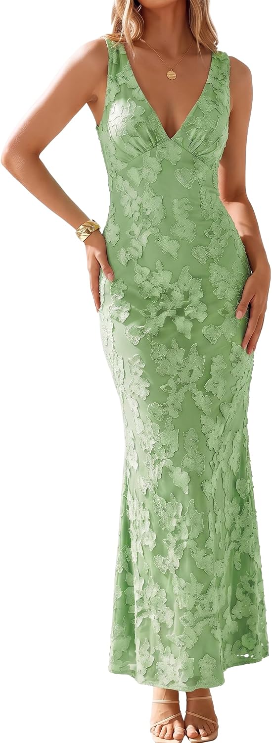 Floral v-neck bodycon maxi dress with mesh detail