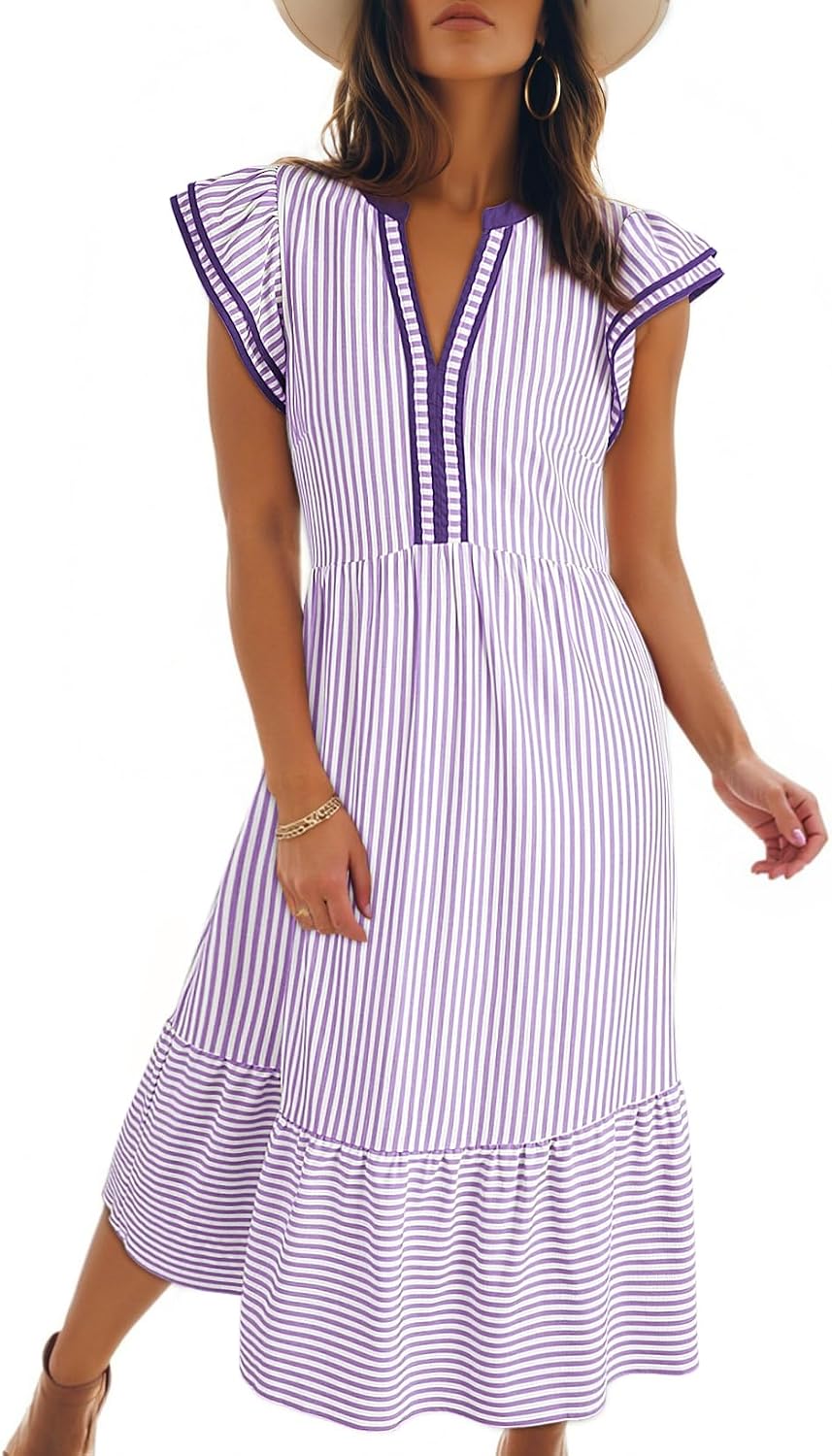Cap sleeve empire waist dress with v-neck and side pockets