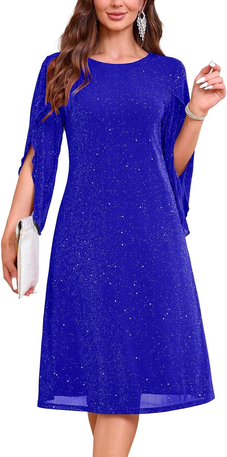 Chiffon midi dress with flutter sleeves and crew neckline