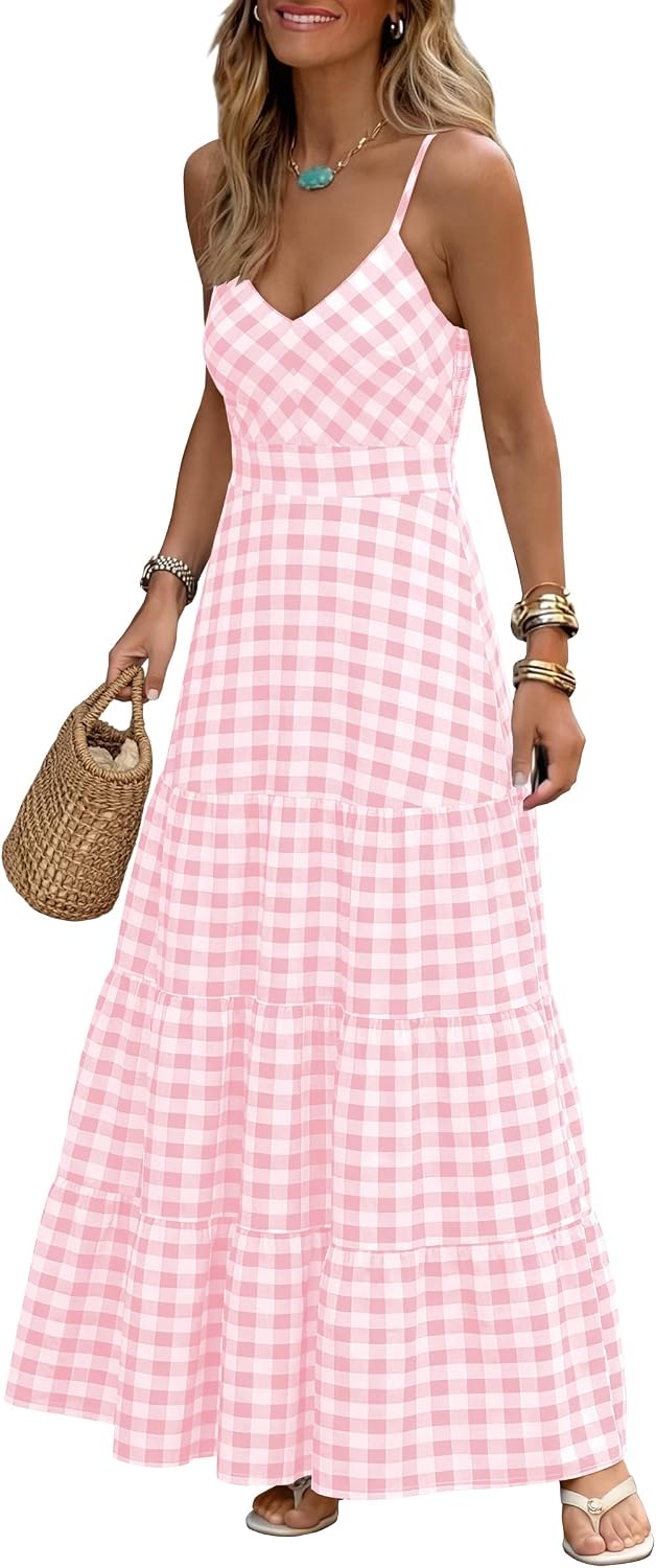Gingham plaid maxi dress with spaghetti straps and a smocked back
