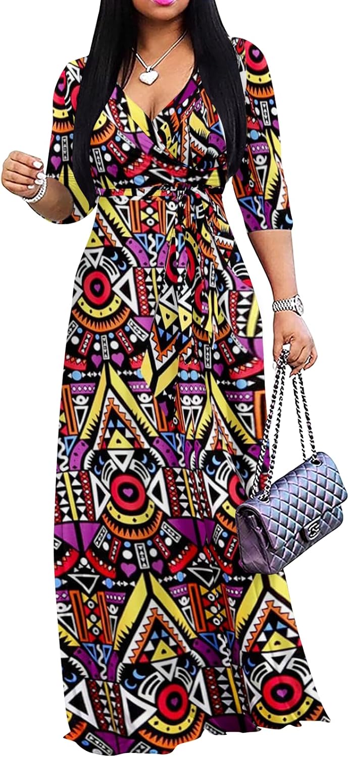 Wrap-style maxi dress with V-neck, 3/4 sleeves, and side pockets