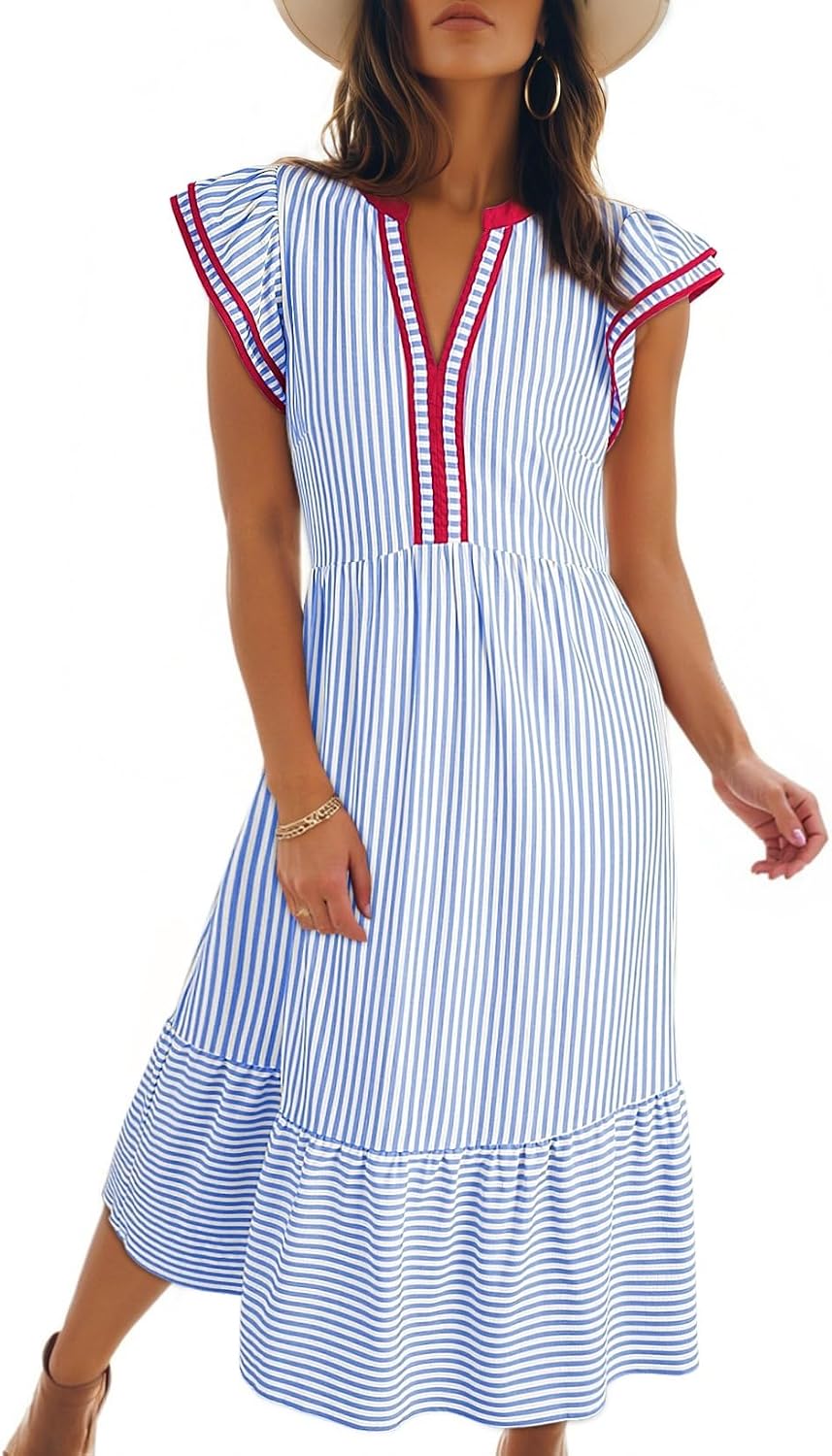 Cap sleeve empire waist dress with v-neck and side pockets
