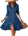 Denim A-line dress with puff sleeves and button-down front