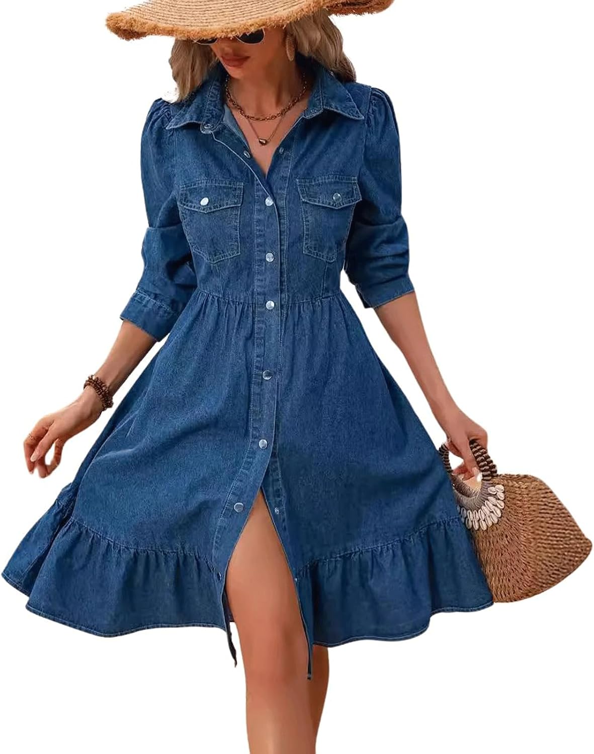 Denim A-line dress with puff sleeves and button-down front