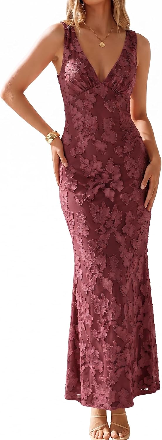 Floral v-neck bodycon maxi dress with mesh detail