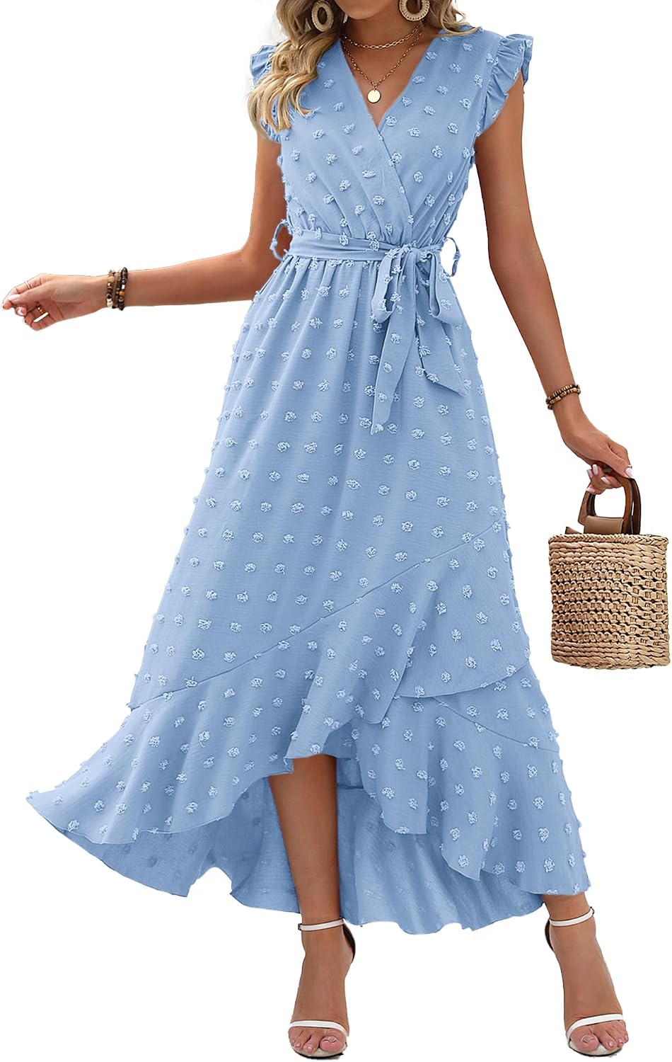 Swiss dot boho maxi dress with cap sleeves and tie waist
