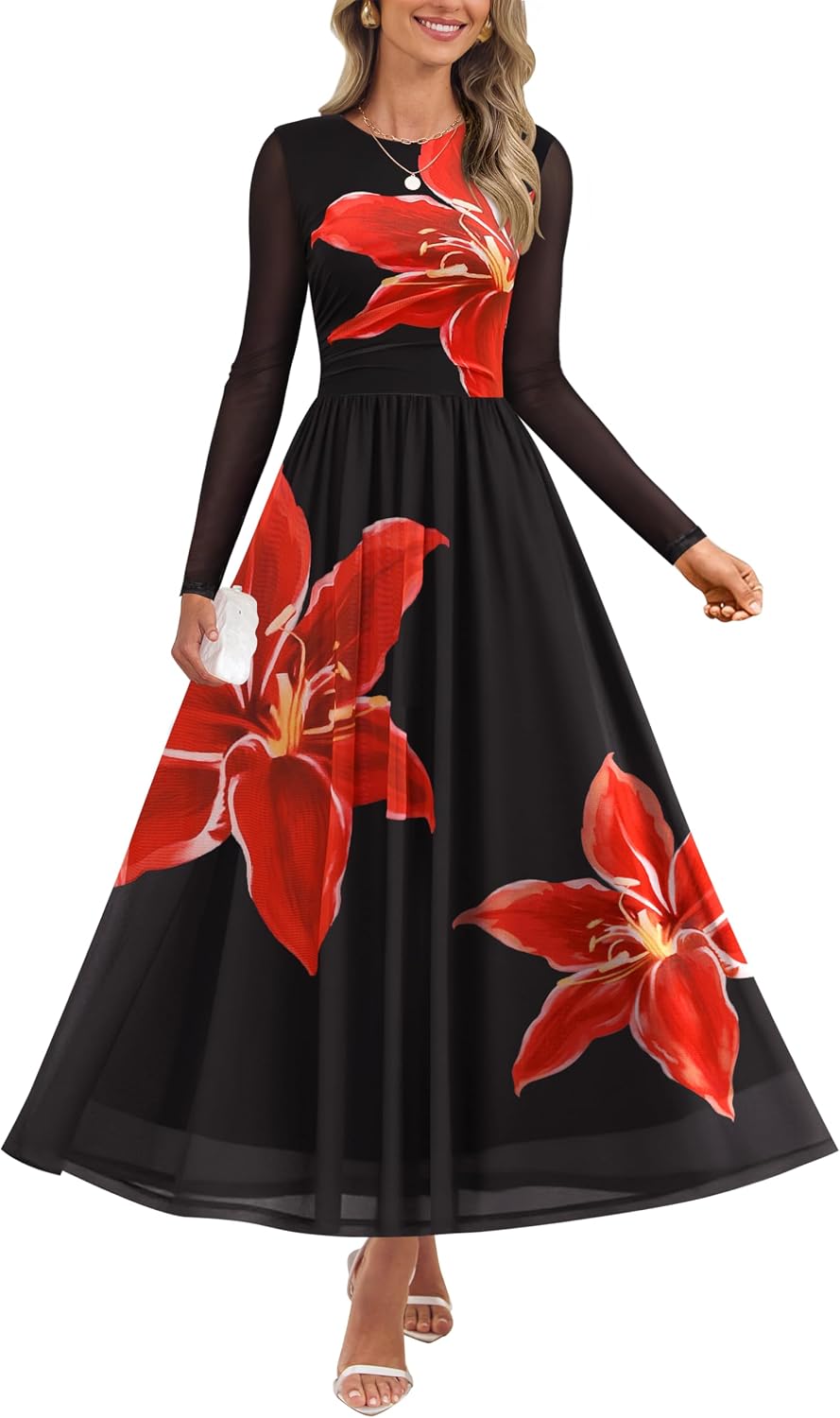 Floral print maxi dress with sheer mesh long sleeves and ruched detailing