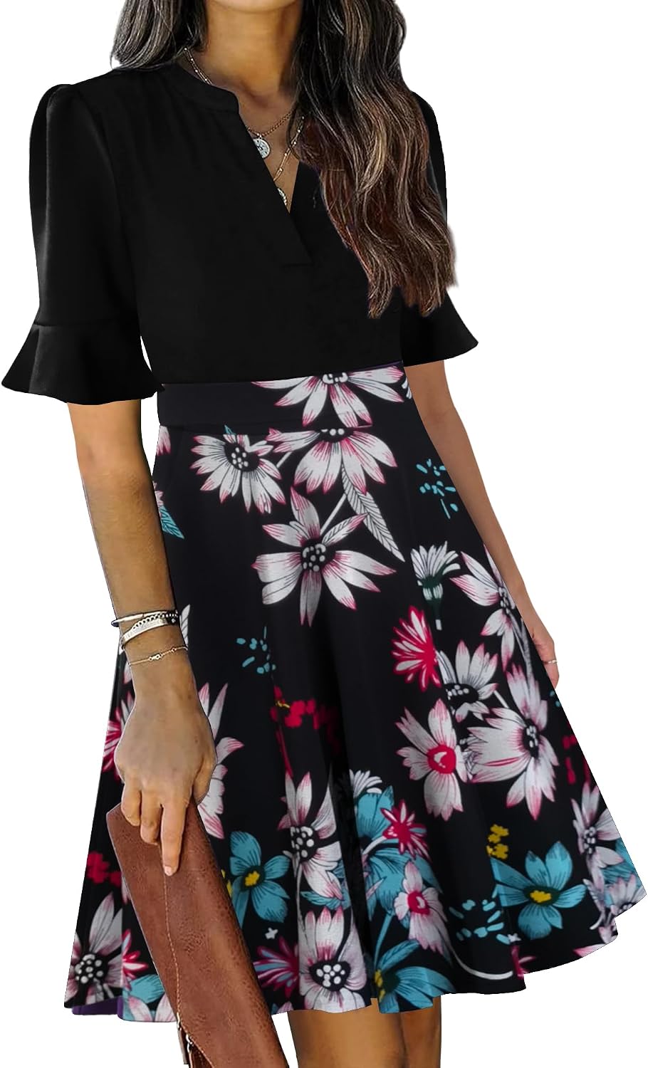 Ruffle sleeve fit-and-flare dress with V-neck and knee-length hem