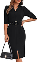 Front view of belted sheath work dress