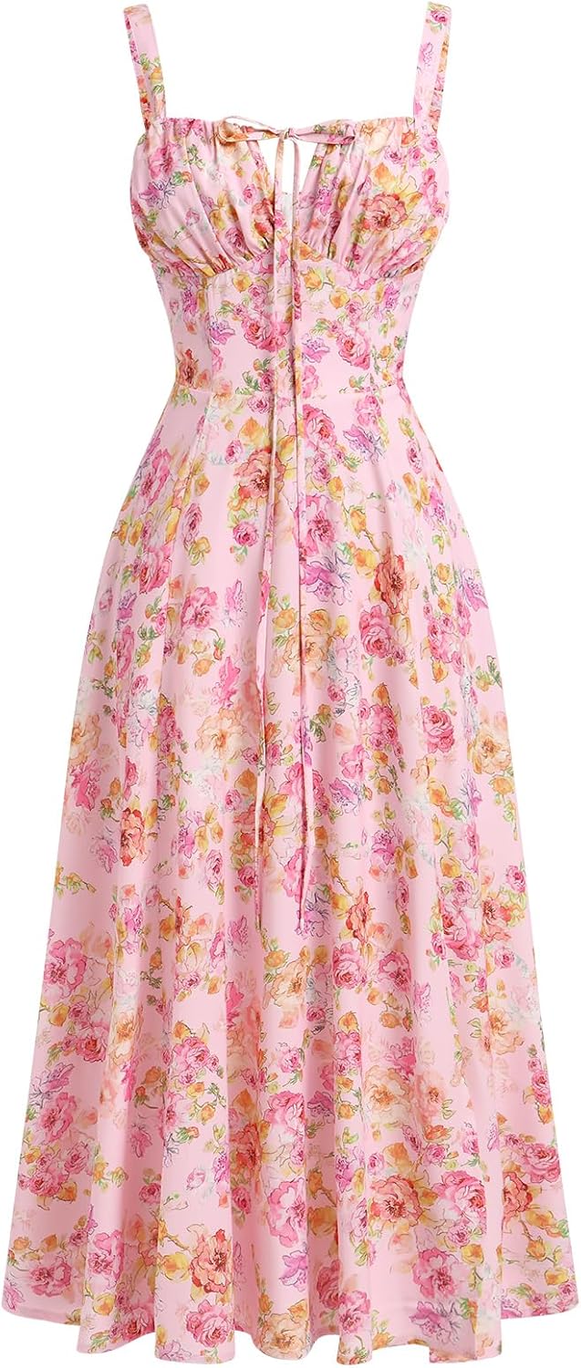 ABEHIK Women Floral Corset Dress Summer Dress 2026 Boho Flowy Slit Lace Up Midi Dresses Going Out A Line Casual Sundress