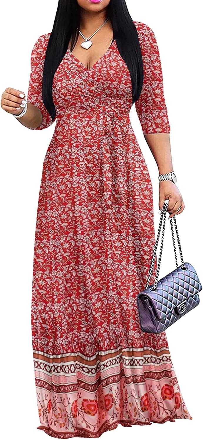 Wrap-style maxi dress with V-neck, 3/4 sleeves, and side pockets