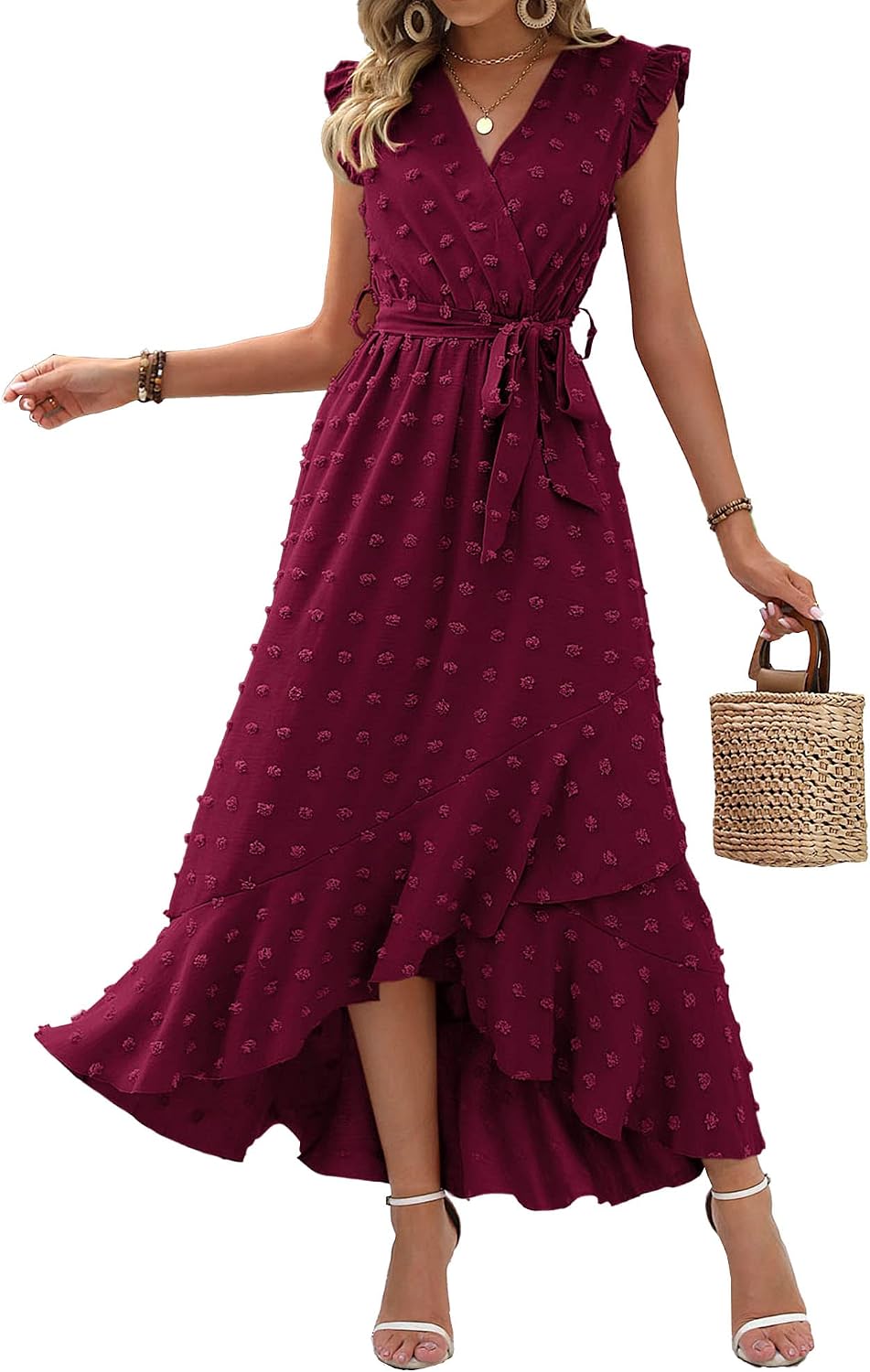 Swiss dot boho maxi dress with cap sleeves and tie waist