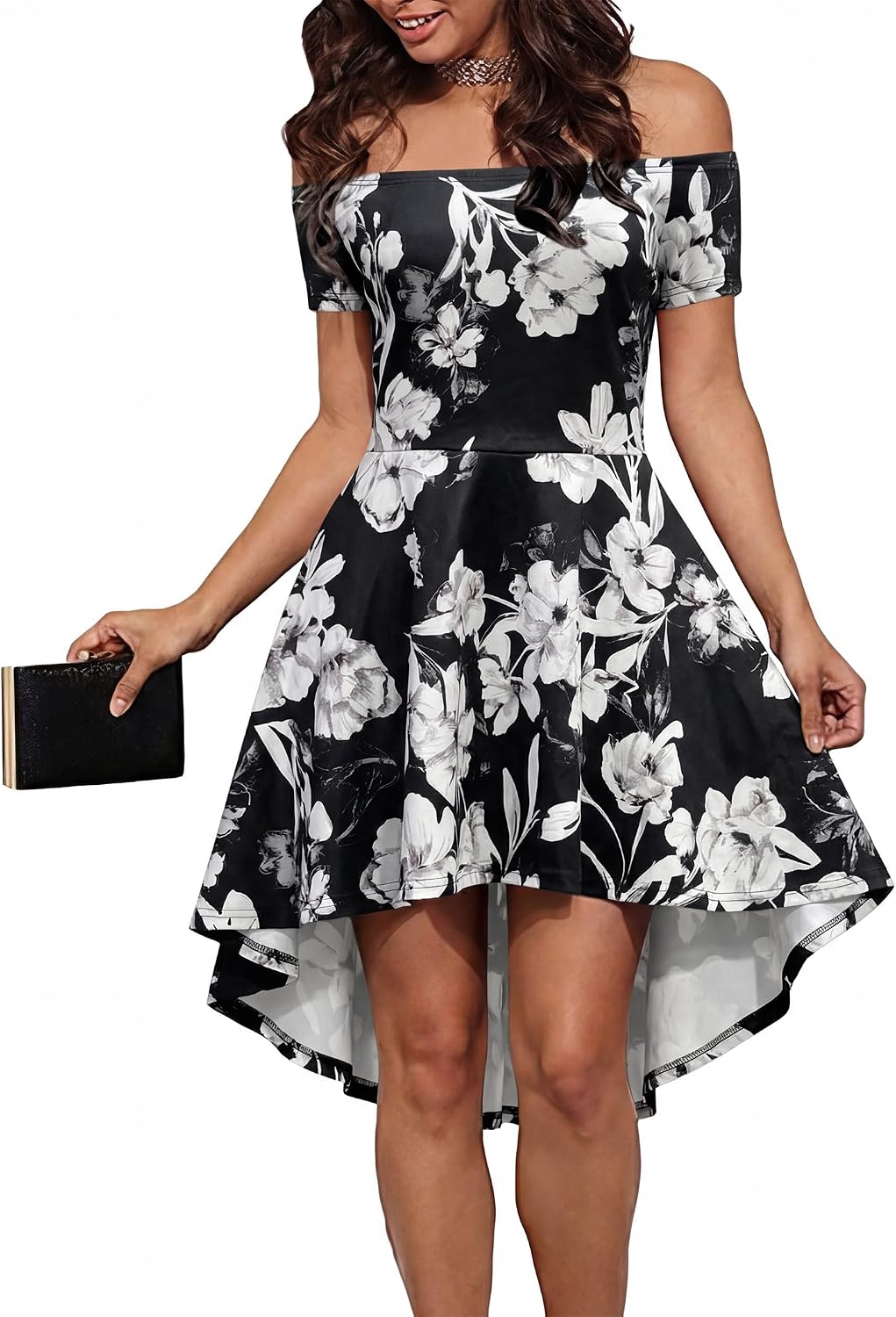 Off-the-shoulder skater dress with short sleeves and high-low hem