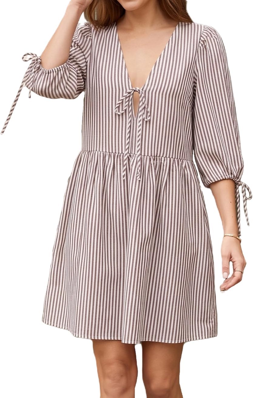 Striped babydoll dress with puff sleeves