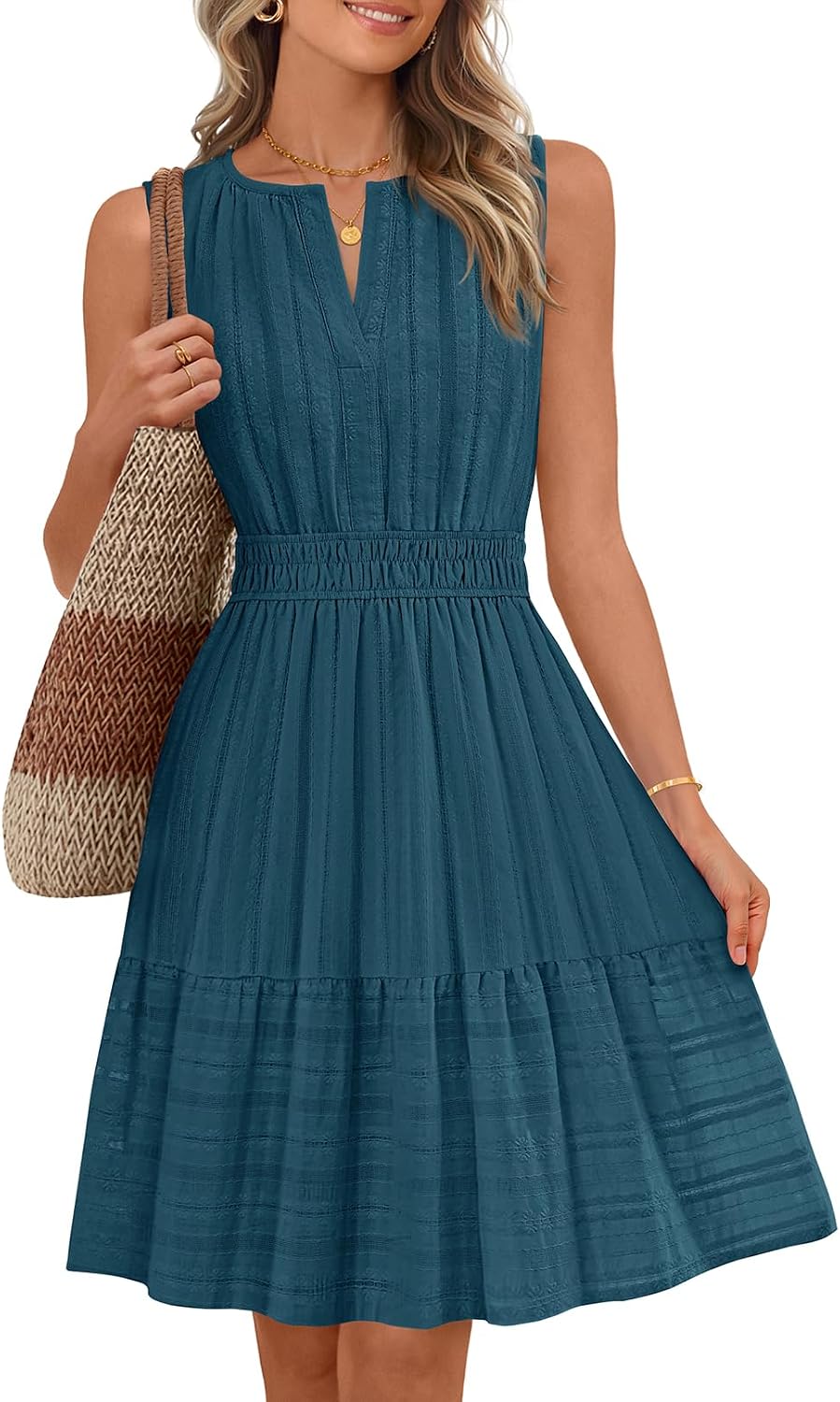 Sleeveless V-neck mini sundress with ruffle hem and elastic waist