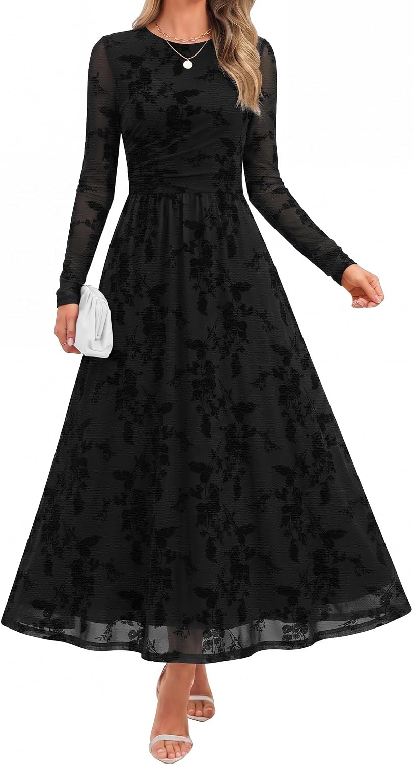 Floral print maxi dress with sheer mesh long sleeves and ruched detailing