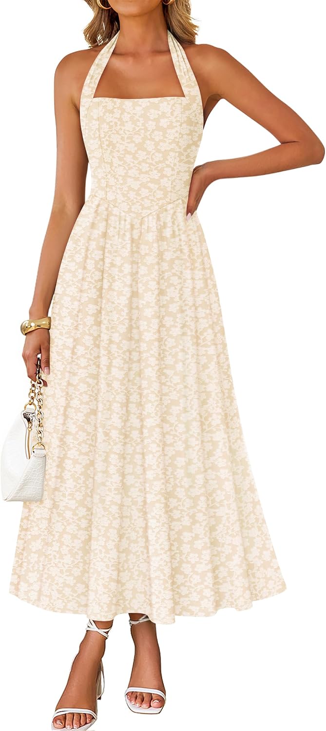 Floral halter maxi dress with flowy A-line skirt