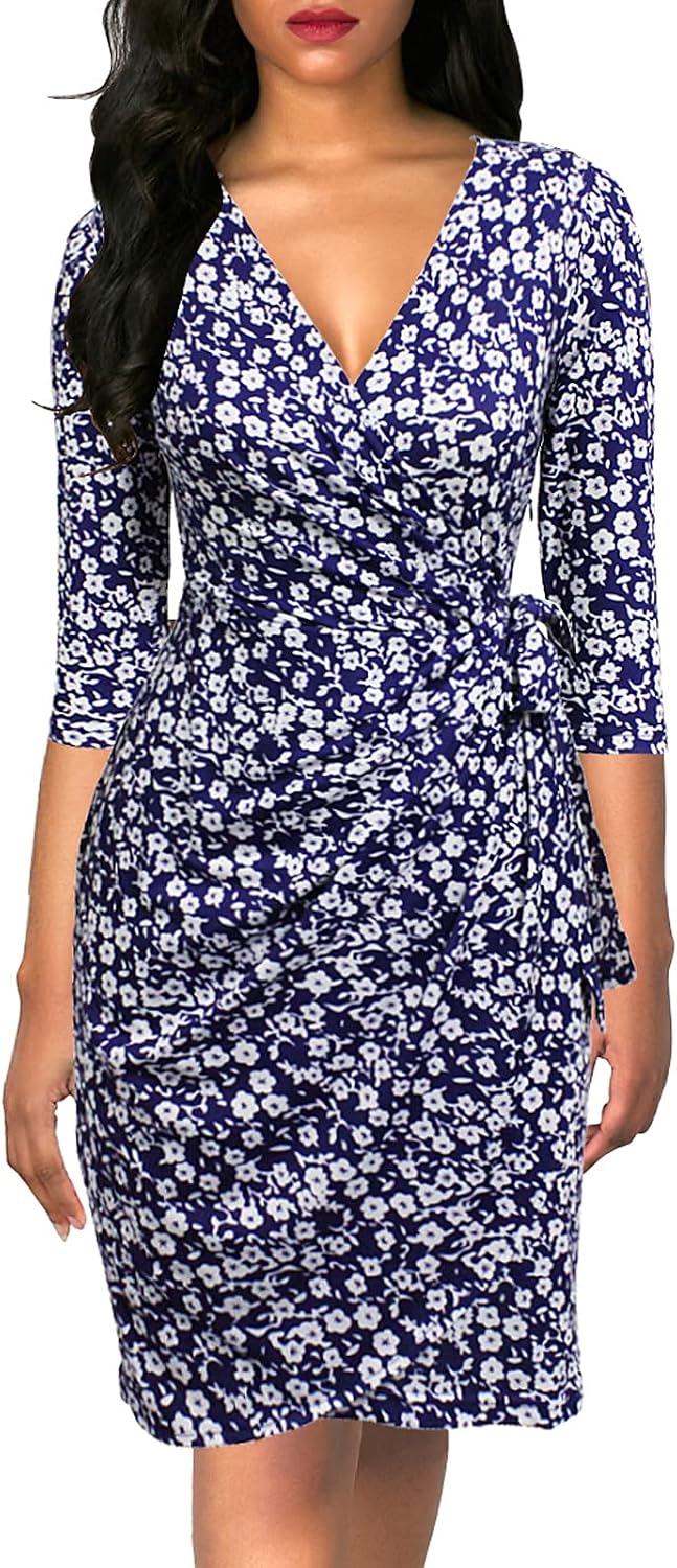 Faux wrap midi dress with V-neck, 3/4 sleeves, and ruched sheath silhouette