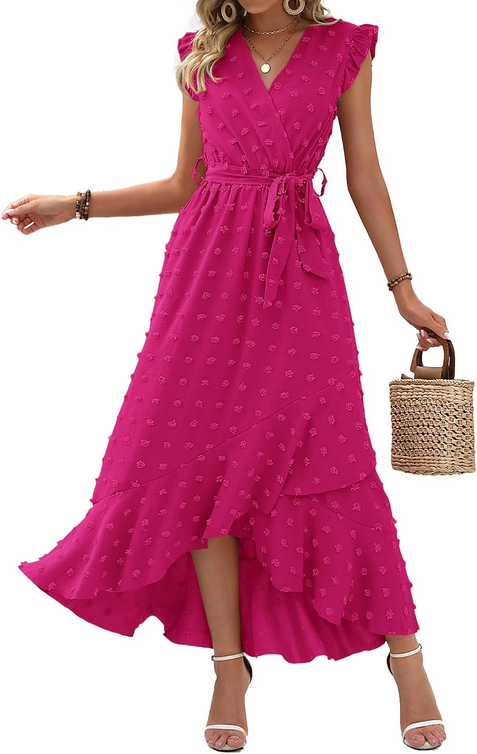 Swiss dot boho maxi dress with cap sleeves and tie waist