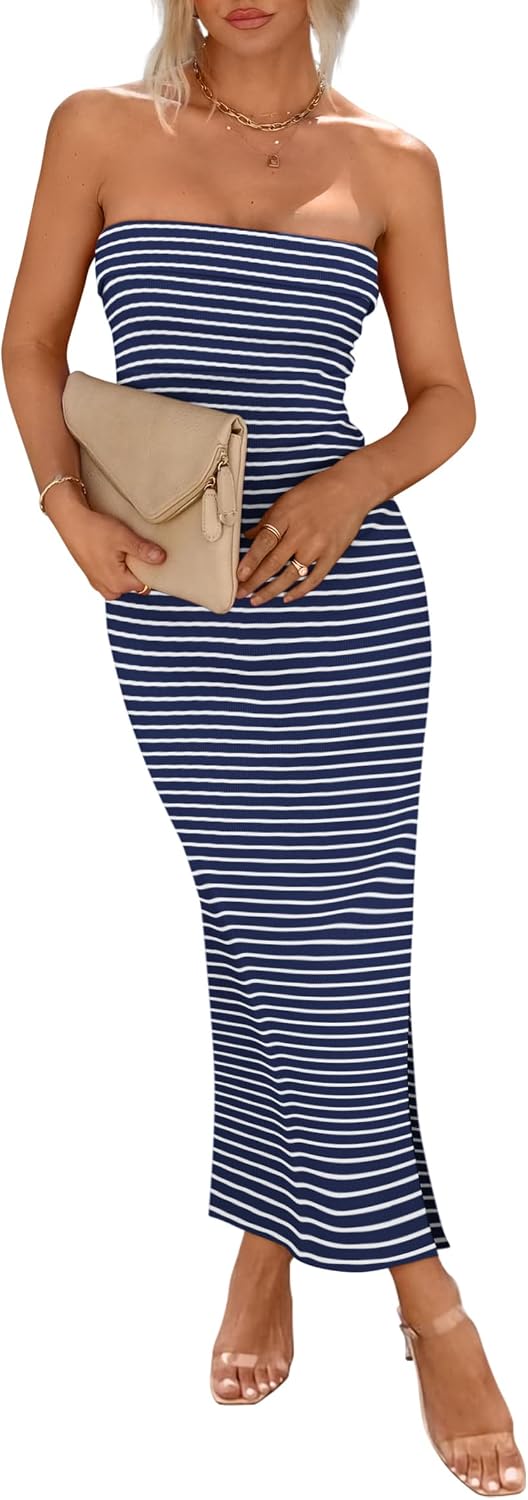 PRETTYGARDEN Women's Summer Strapless Cocktail Maxi Dresses | Soft Ribbed Fabric,Tube Top Dress,Slim Fitted Bodycon,Side Slit,Elegant Long,Wedding Guest,Birthday Party,Date Night Outfits