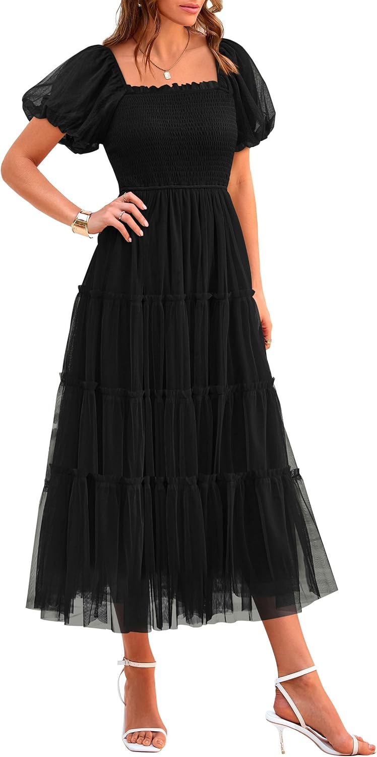 Front view of smocked tulle midi dress