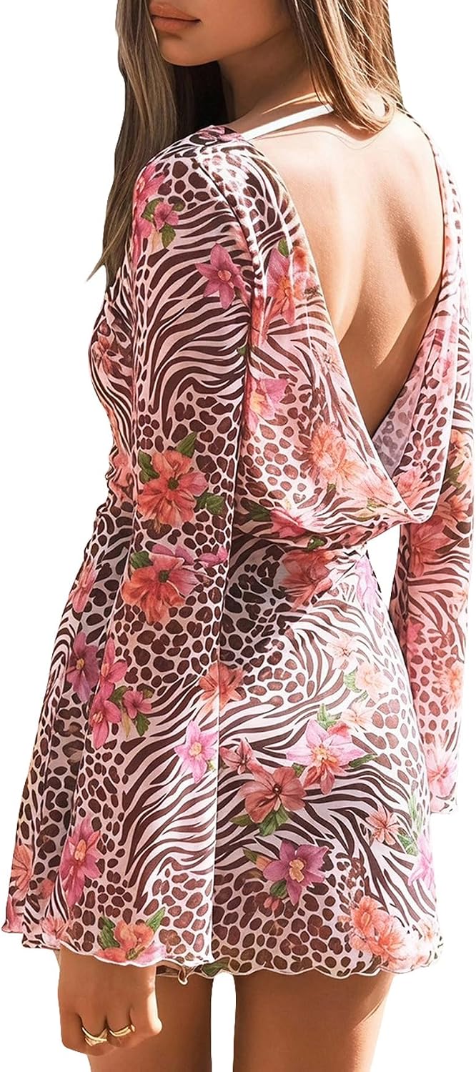 Animal print mesh mini dress with backless draped design and long sleeves
