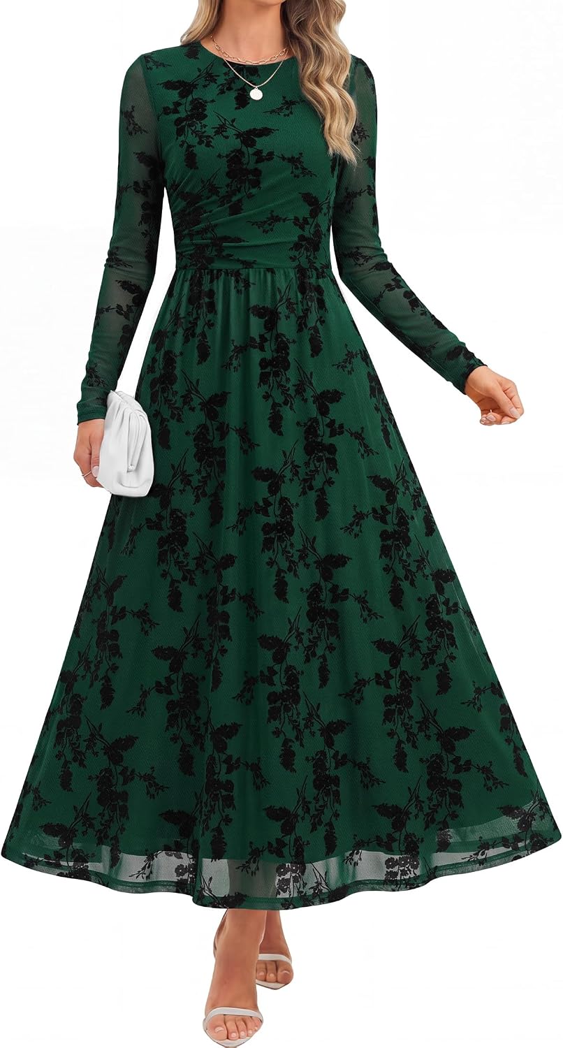 Floral print maxi dress with sheer mesh long sleeves and ruched detailing