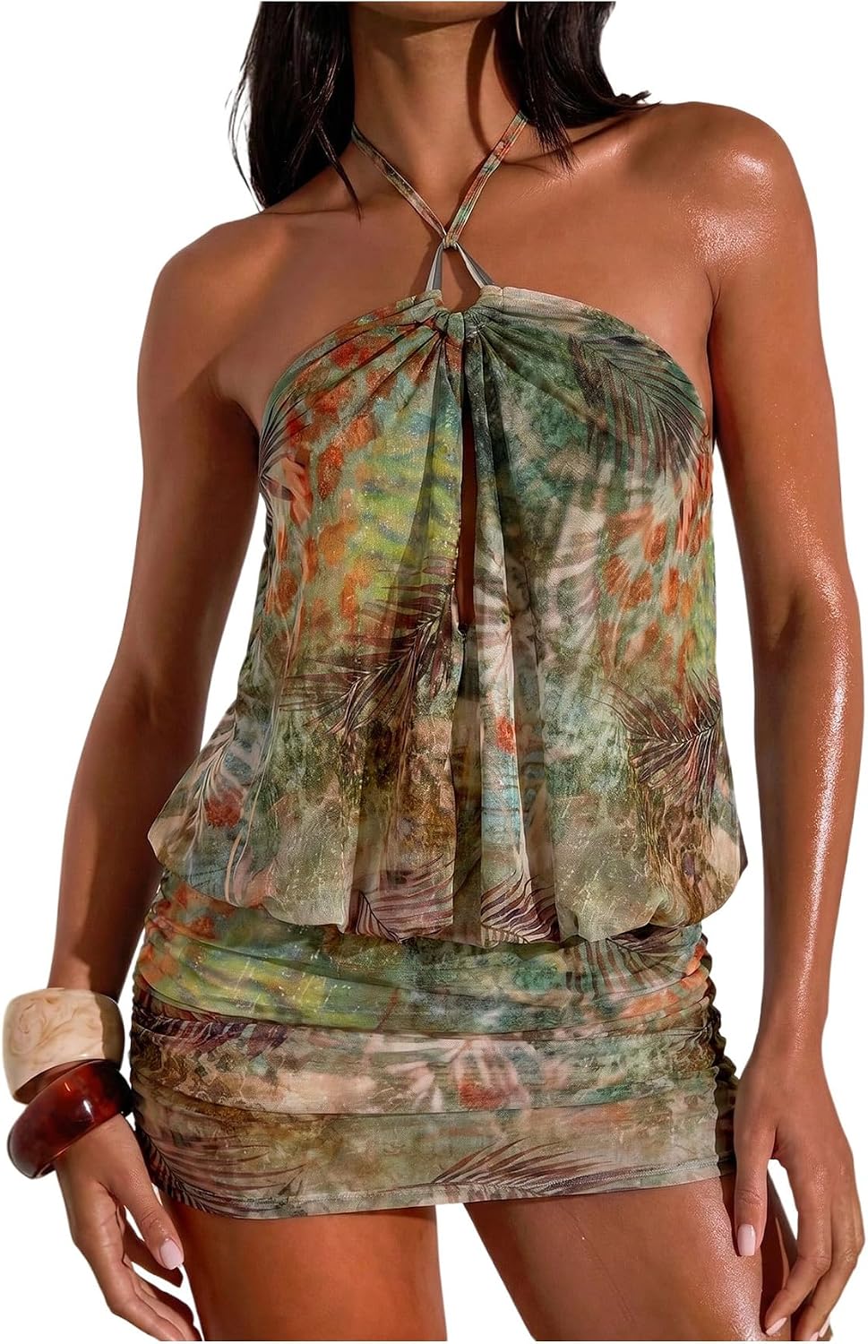 Model wearing tie-dye mini dress