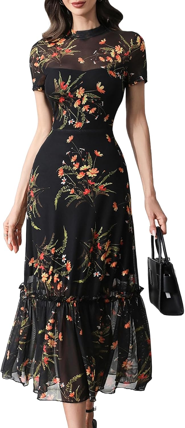 Floral mesh maxi dress with ruffle detail