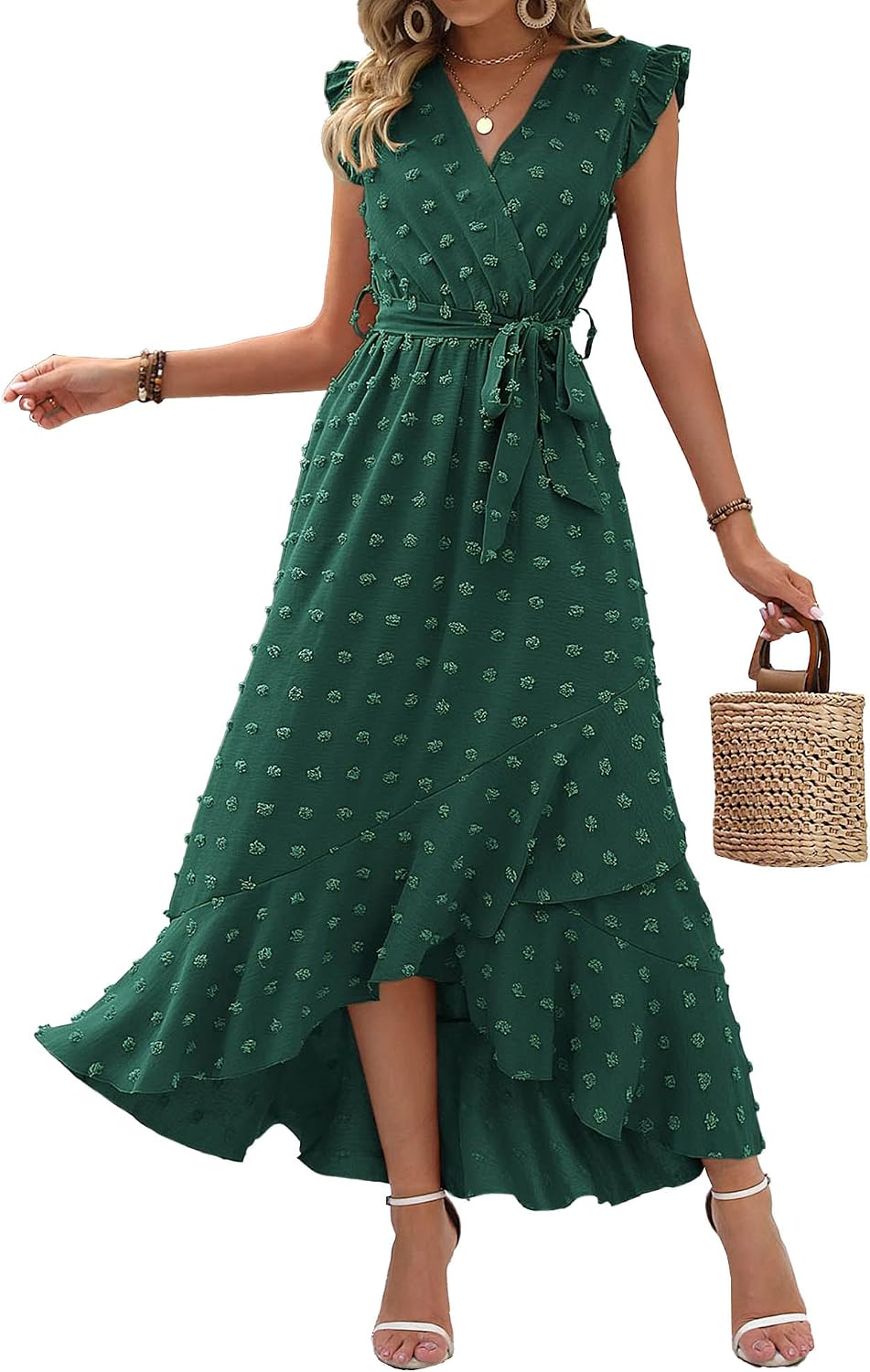 Swiss dot boho maxi dress with cap sleeves and tie waist