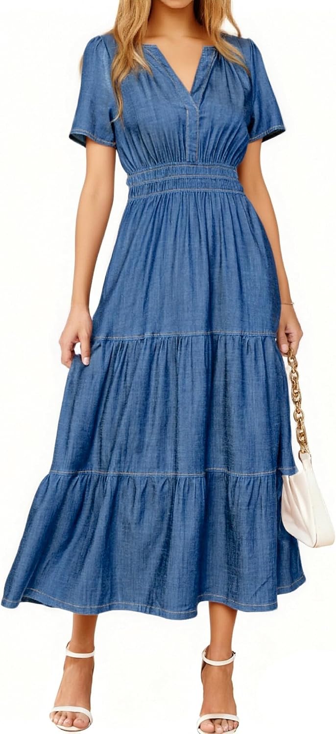 Casual denim maxi dress with V-neck, short sleeves, and side pockets