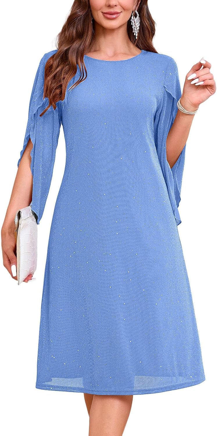 Chiffon midi dress with flutter sleeves and crew neckline
