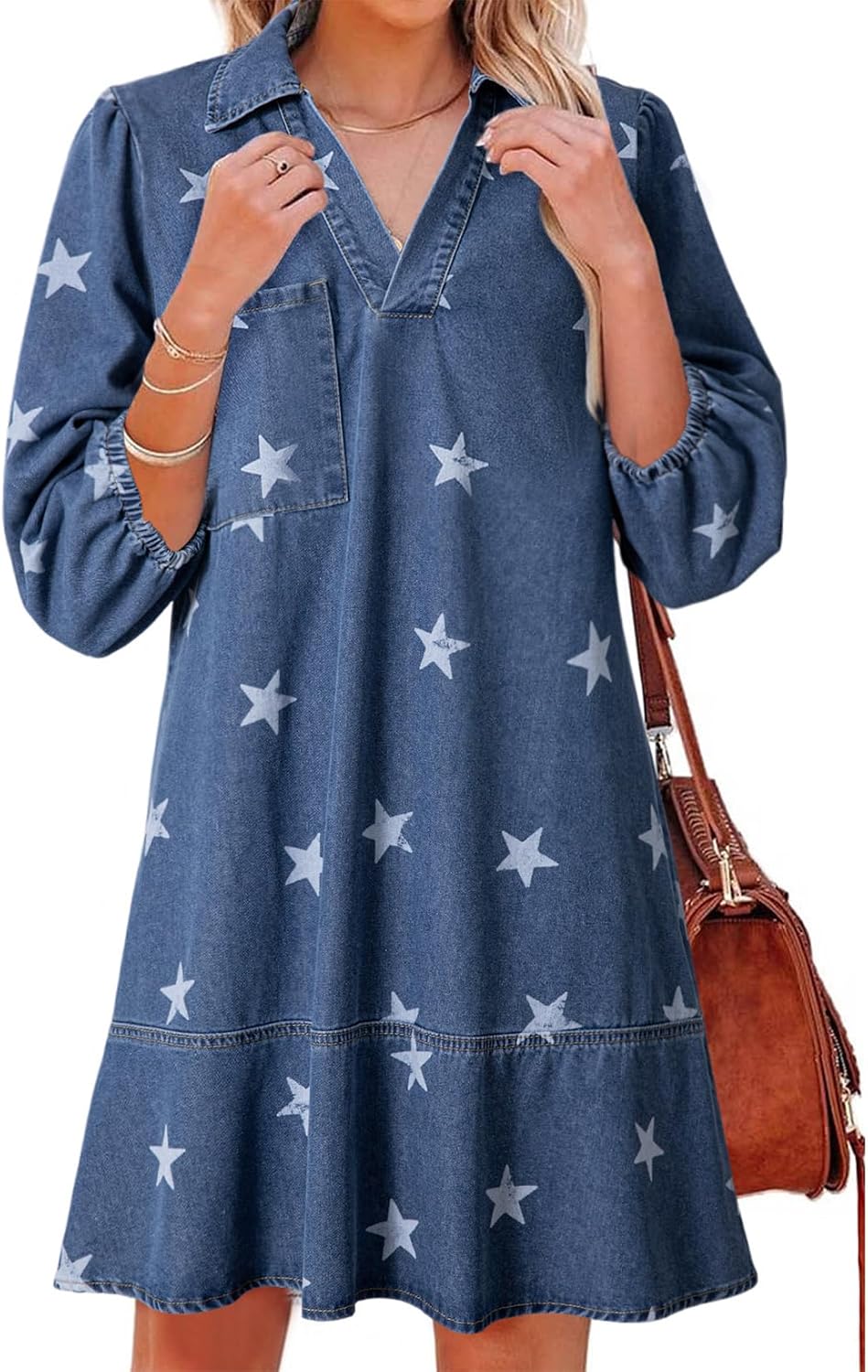 Denim babydoll dress with puff sleeves, V-neck, and mini length