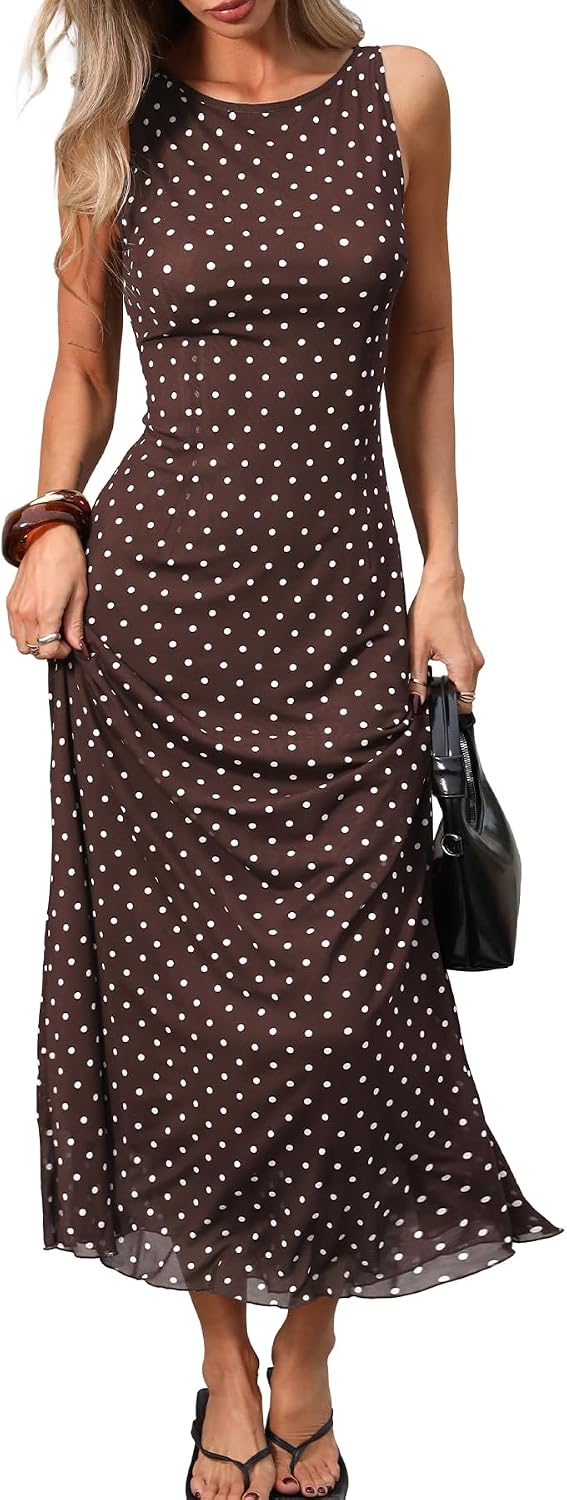 Front view of polka dot maxi tank dress
