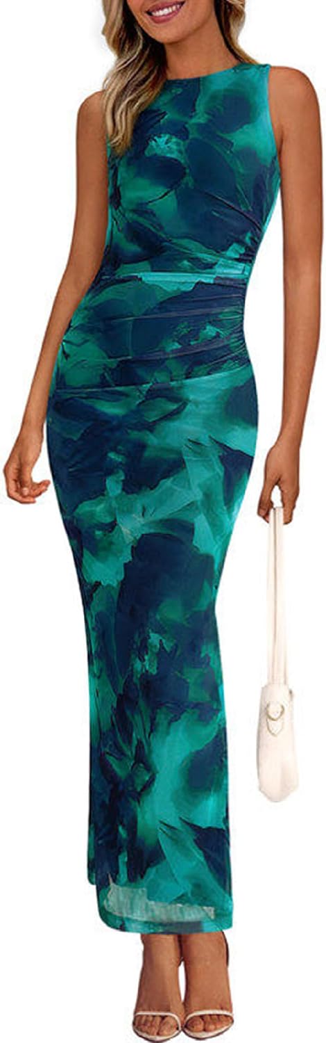 Floral mesh maxi dress with sleeveless design and ruched bodycon detailing