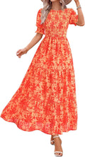 Smocked maxi dress with puff sleeves and tiered skirt
