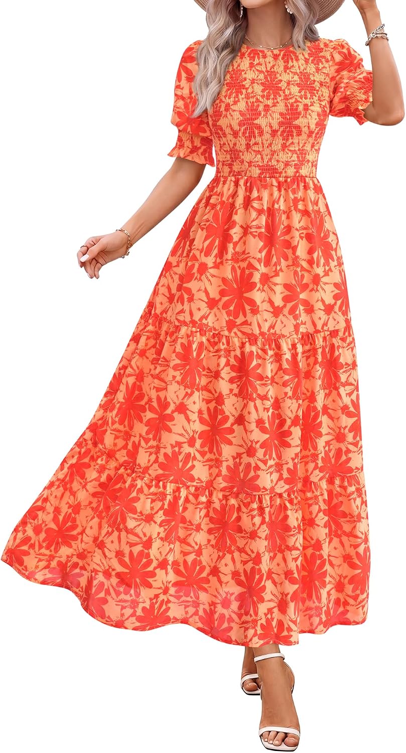 Smocked maxi dress with puff sleeves and tiered skirt