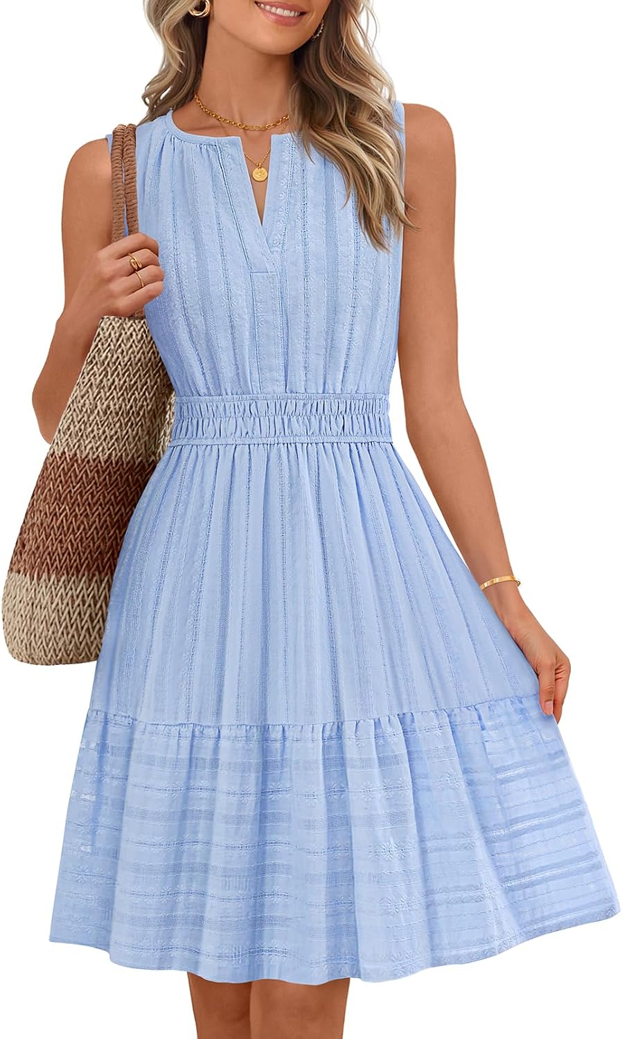 Sleeveless V-neck mini sundress with ruffle hem and elastic waist