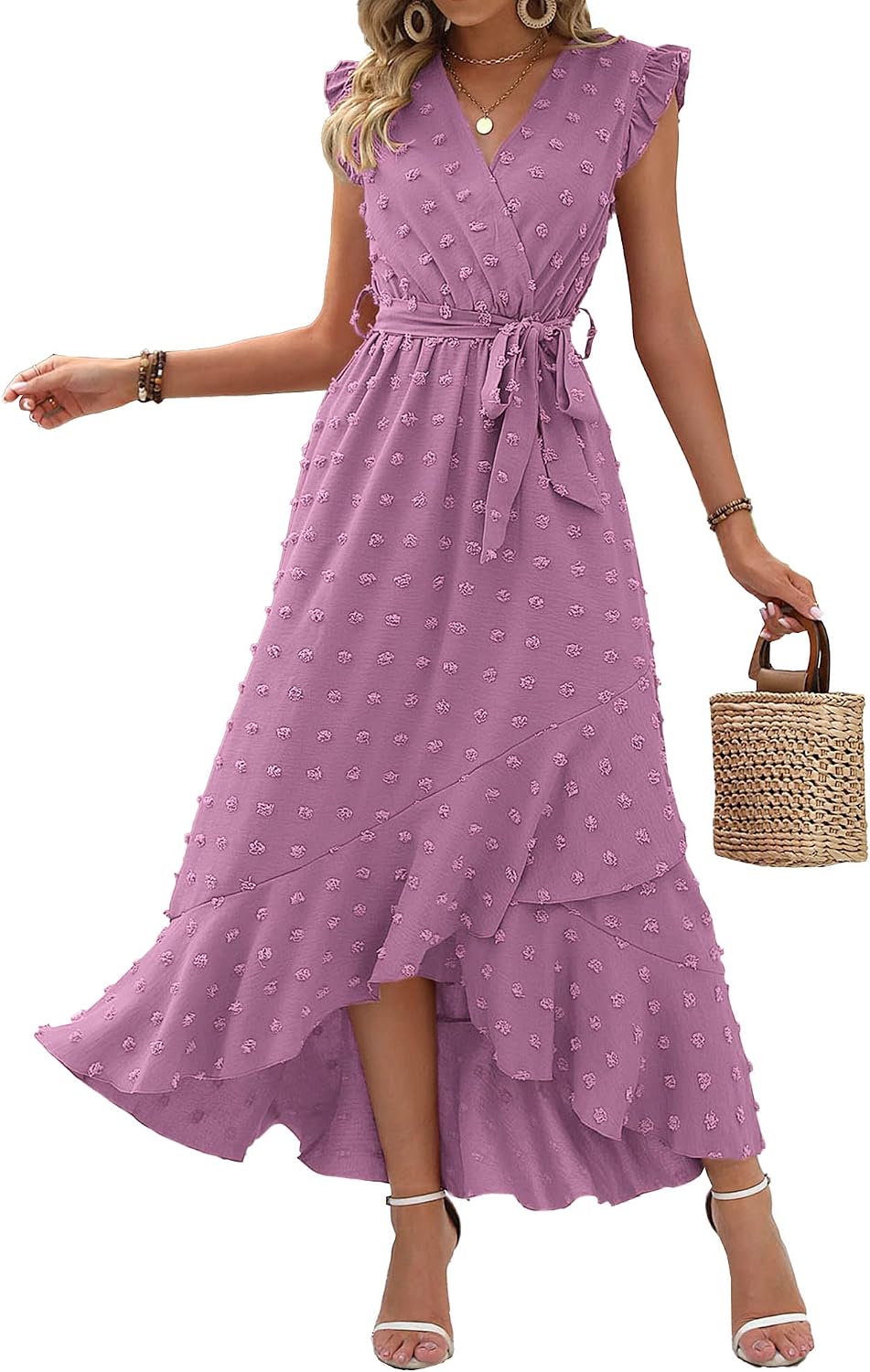 Swiss dot boho maxi dress with cap sleeves and tie waist