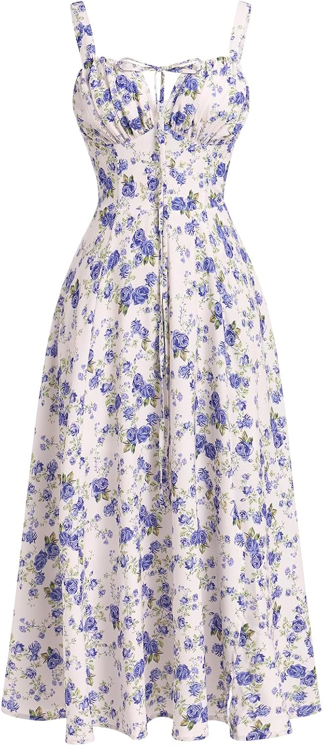 ABEHIK Women Floral Corset Dress Summer Dress 2026 Boho Flowy Slit Lace Up Midi Dresses Going Out A Line Casual Sundress