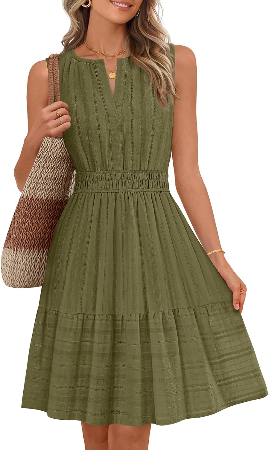 Sleeveless V-neck mini sundress with ruffle hem and elastic waist