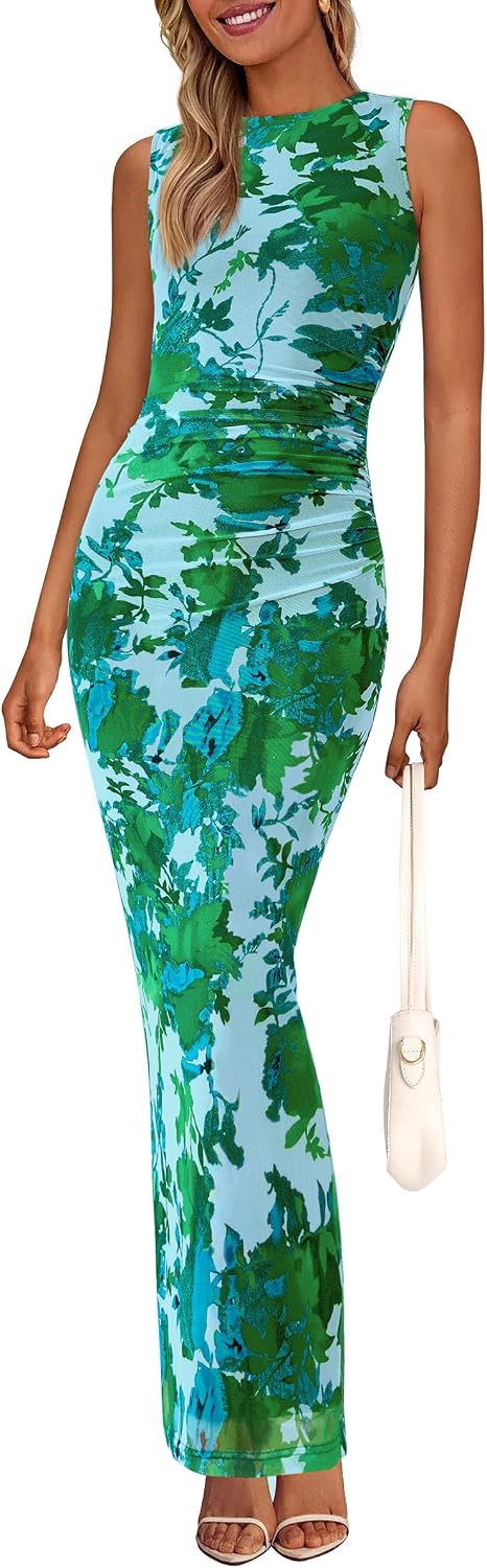 Floral mesh maxi dress with sleeveless design and ruched bodycon detailing