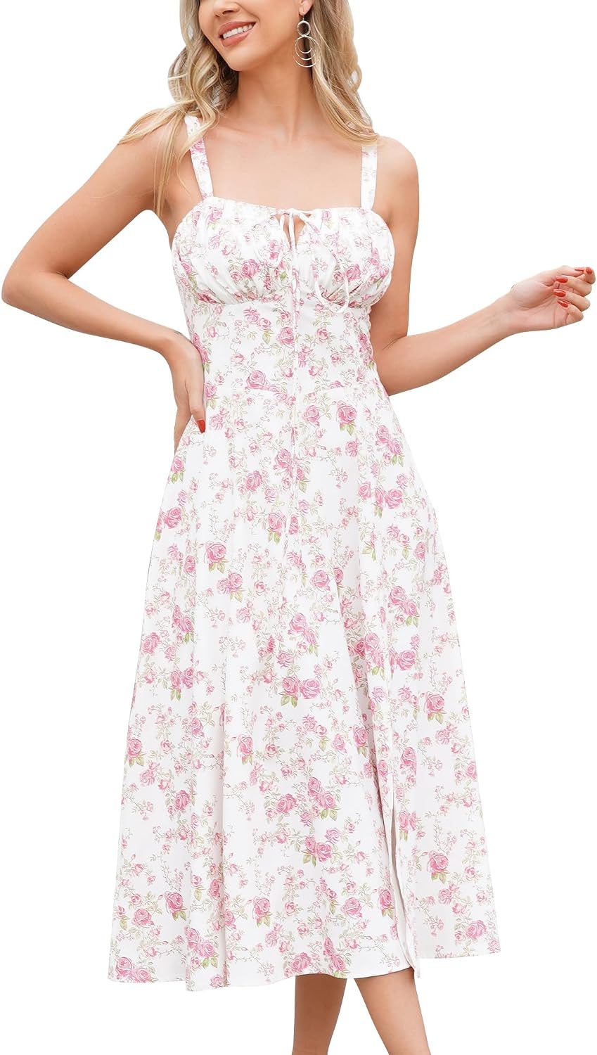 ABEHIK Women Floral Corset Dress Summer Dress 2026 Boho Flowy Slit Lace Up Midi Dresses Going Out A Line Casual Sundress
